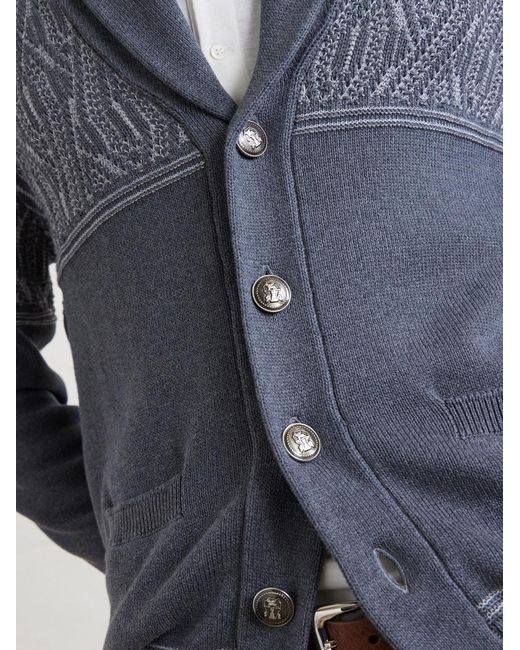 Brunello Cucinelli Blue Shawl-Collar Knitted Cotton Cardigan for men