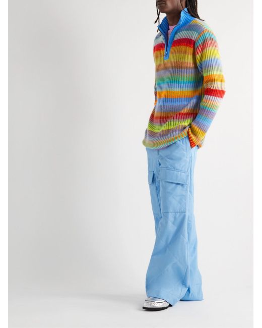 The Elder Statesman Gray Jolly Ribbed Striped Cashmere Half-Zip Sweater for men