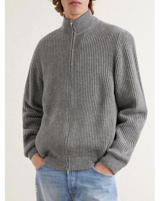 Umit Benan Gray Matt Ribbed Cashmere Zip-up Cardigan for men