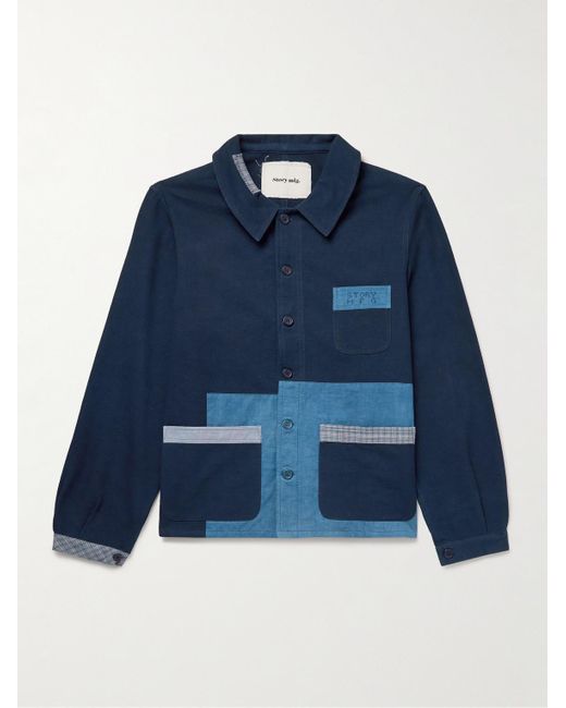 STORY mfg. Blue French Logo-embroidered Patchwork Organic Cotton-canvas Jacket for men