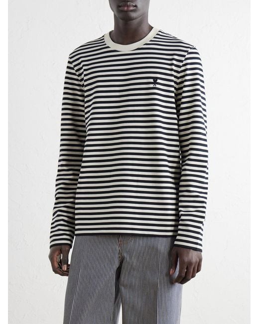 AMI Black Logo-embroidered Striped Cotton-jersey T-shirt for men