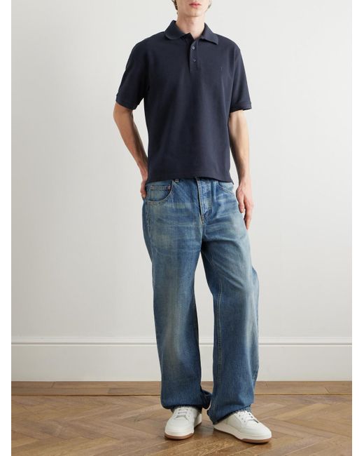 Saint Laurent Blue Logo-Embroidered Cotton-Blend Piqué Polo Shirt for men