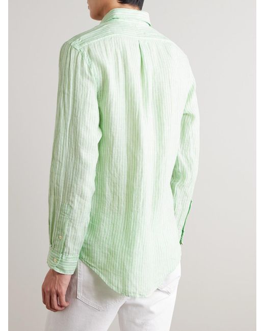 Polo Ralph Lauren Green Button-Down Collar Logo-Embroidered Striped Linen Shirt for men