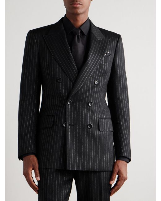 Tom Ford Black Dyllan Double-Breasted Striped Metallic Wool And Silk-Blend Suit Jacket for men