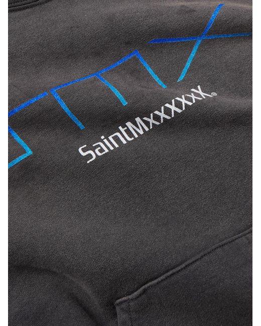SAINT Mxxxxxx Gray Smx6 Distressed Logo-Print Cotton-Jersey Hoodie for men