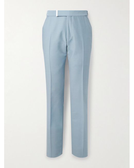 Pantaloni slim-fit a gamba affusolata in twill di misto lana e seta con cintura di Tom Ford in Blue da Uomo