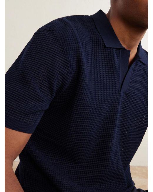 Orlebar Brown Blue Roddy Slim-Fit Camp-Collar Pointelle-Knit Polo Shirt for men