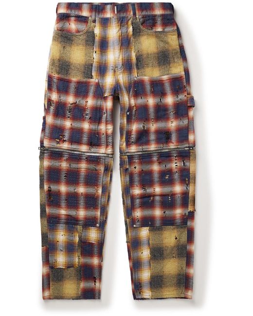 Givenchy Blue Straight-leg Convertible Distressed Checked Cotton-flannel Trousers for men