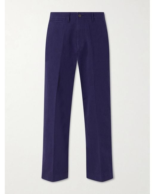 Beams Plus Blue Straight-Leg Herringbone Cotton Trousers for men