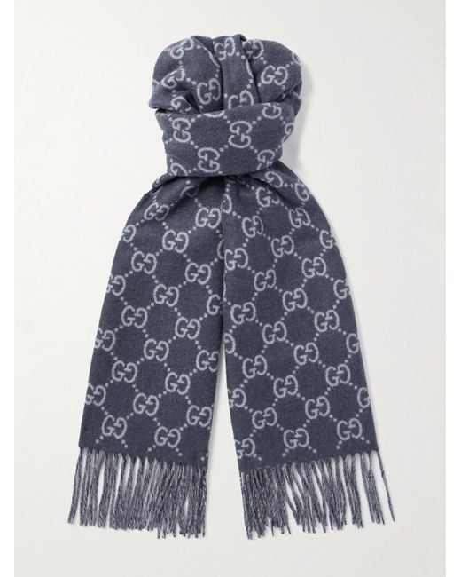 Gucci Blue Fringed Logo-Jacquard Cashmere Scarf for men