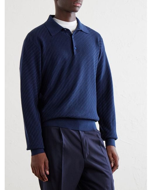 Brioni Blue Cotton, Silk And Cashmere-Blend Polo Shirt for men