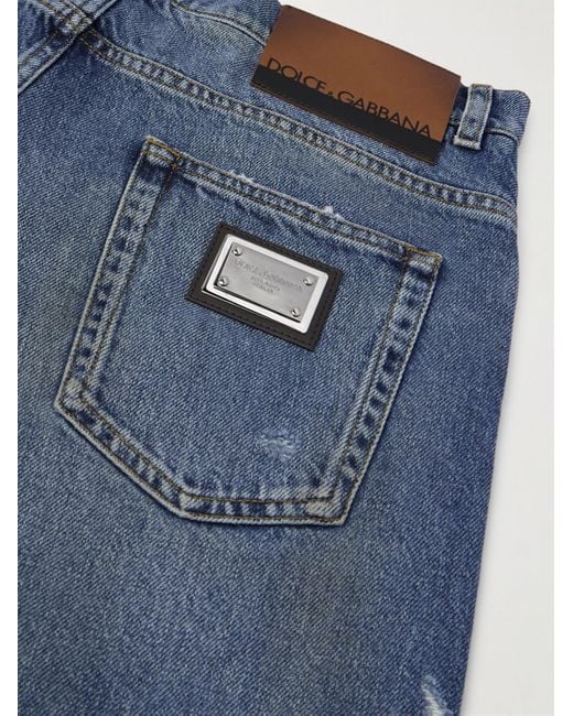 Dolce & Gabbana Blue Straight-Leg Logo-Appliquéd Distressed Jeans for men