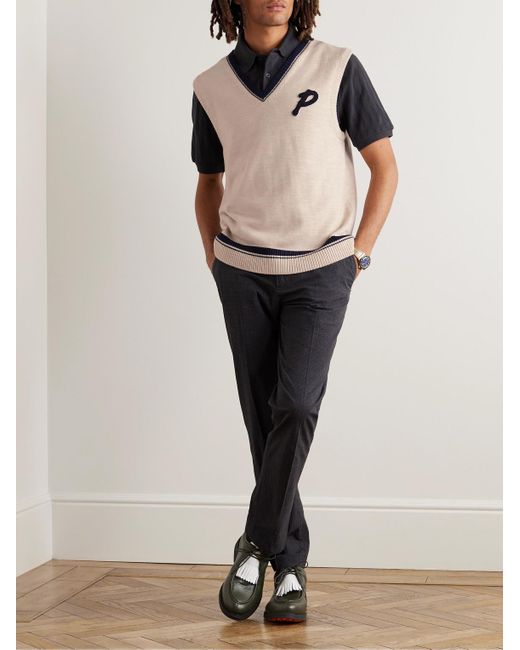 Mr P. Natural Golf Logo-appliquéd Striped Merino Wool Sweater Vest for men
