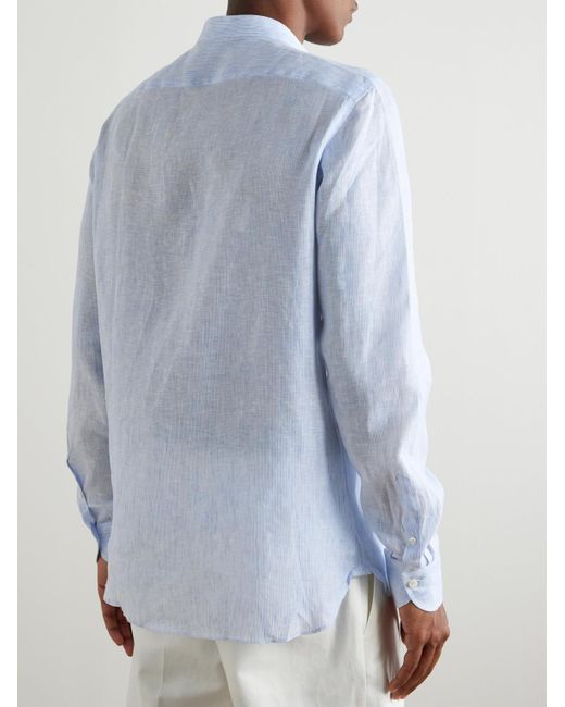 Grandad-Collar Striped Linen Shirt di Rubinacci in Blue da Uomo