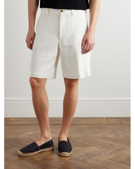 Brunello Cucinelli White Straight-leg Herringbone Cotton And Linen-blend Bermuda Shorts for men