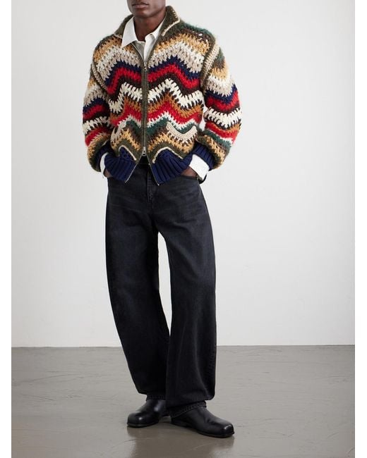 Sacai Red Striped Crocheted Zip-Up Cardigan for men