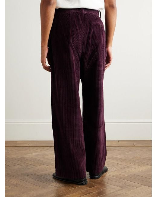 Bode Purple Wide-Leg Cropped Pleated Cotton-Corduroy Trousers for men