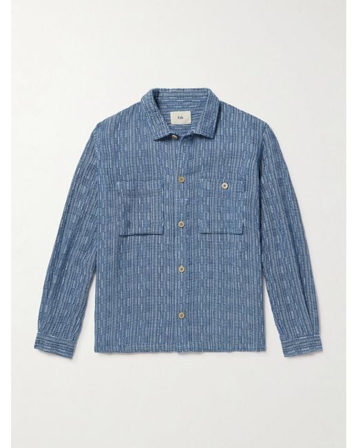 Folk Blue Patch Basketweave Cotton Overshirt for men