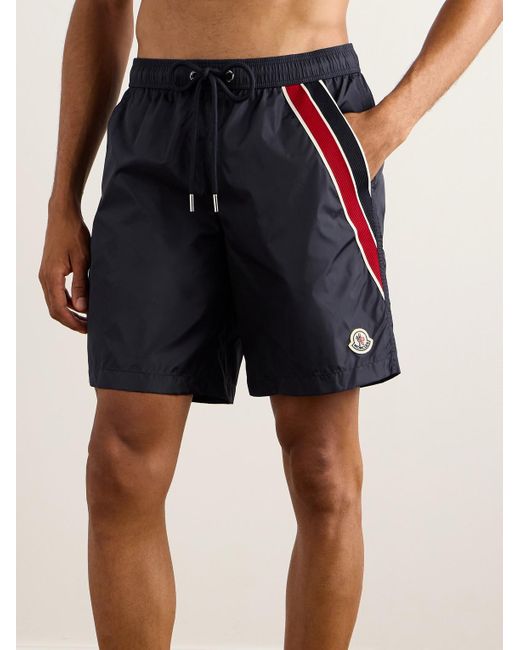 Moncler Blue Straight-Leg Mid-Length Logo-Appliquéd Striped Swim Shorts for men