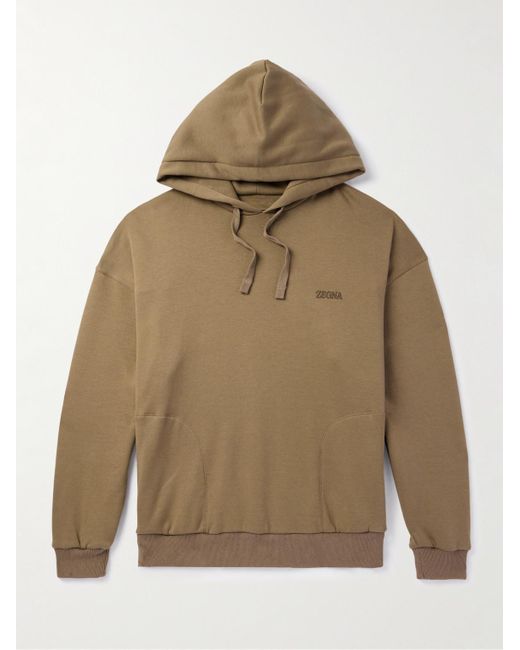 Zegna Natural Logo-Embroidered Cotton-Blend Jersey Hoodie for men