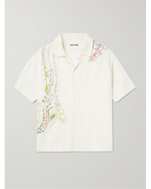 STORY mfg. White Greetings Camp-collar Embroidered Cotton And Linen-blend Shirt for men