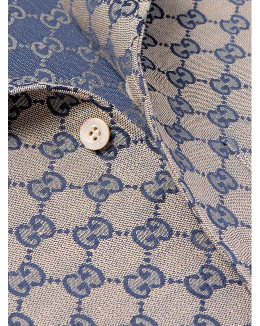 Gucci Gray Camp-Collar Logo-Jacquard Linen-Blend Shirt for men