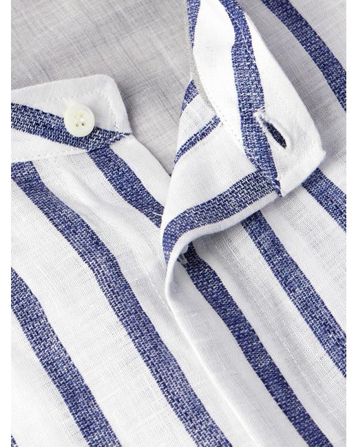 Brunello Cucinelli White Grandad-collar Striped Linen Shirt for men