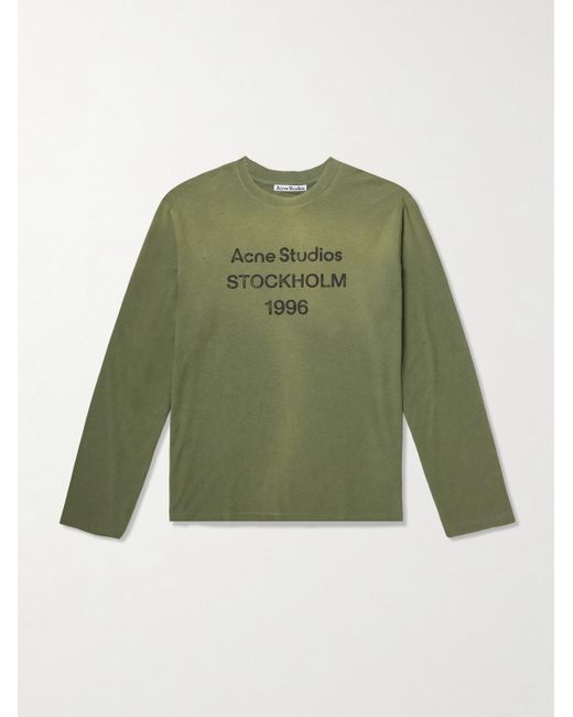 Acne Green Edden U 1996 Logo-Print Distressed Cotton And Hemp-Blend T-Shirt for men