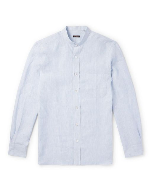 Rubinacci Blue Grandad-collar Striped Linen Shirt for men