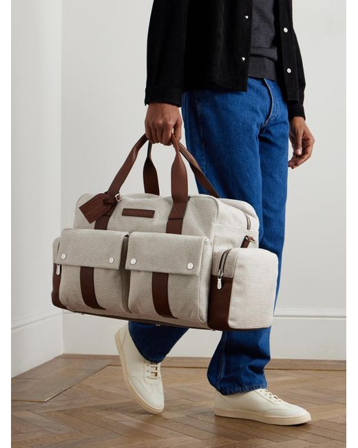 Brunello Cucinelli Natural Leather-trimmed Canvas Weekend Bag for men