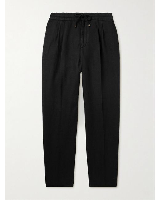 Pantaloni a gamba dritta in twill di lino con pinces e coulisse di Brunello Cucinelli in Black da Uomo
