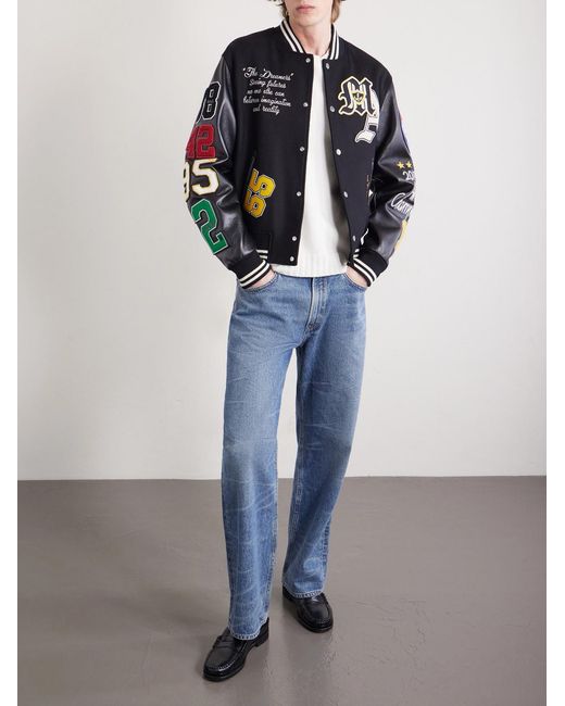 Amiri Blue Appliquéd Embroidered Leather And Wool-blend Varsity Jacket for men
