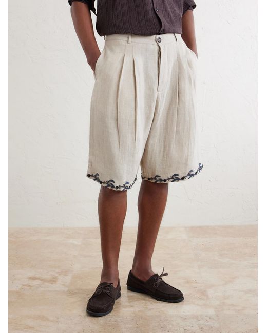 Kartik Research White Straight-leg Pleated Embroidered Linen Shorts for men