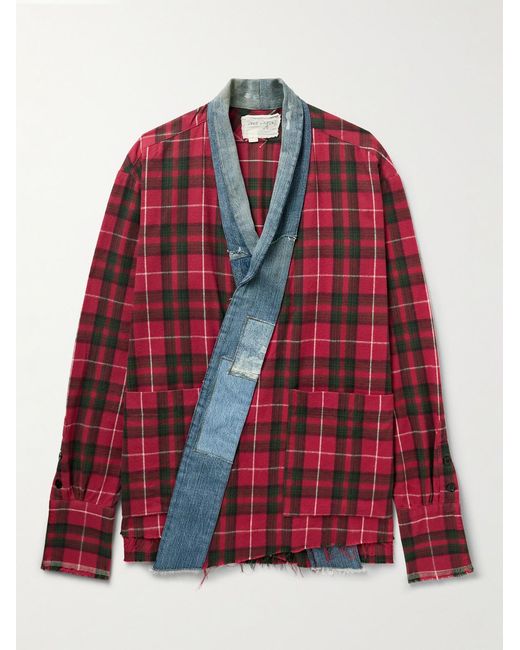 Greg Lauren Red Shawl-Collar Denim-Trimmed Checked Cotton-Flannel Cardigan for men