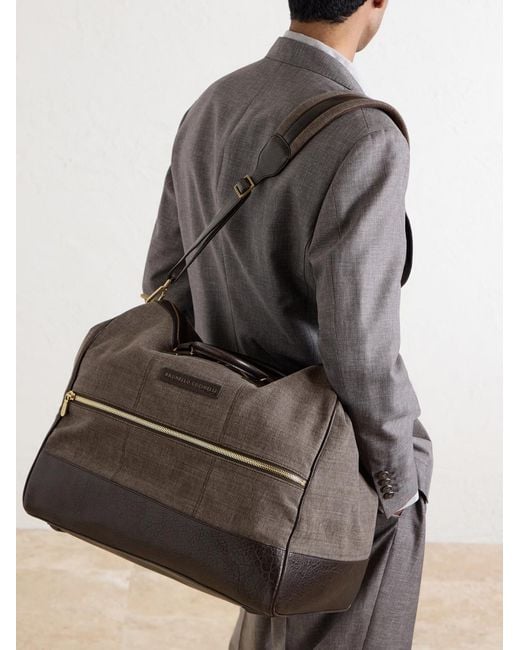 Brunello Cucinelli Brown Boston Leather-trimmed Woven Weekend Bag for men
