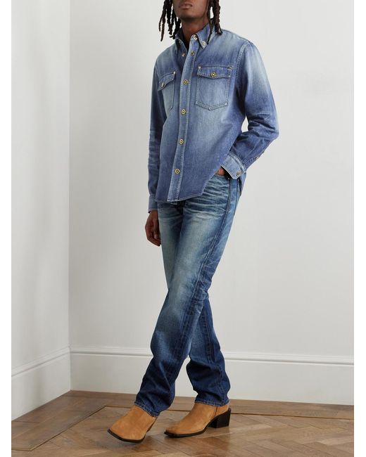Versace Blue Button-Down Collar Denim Overshirt for men