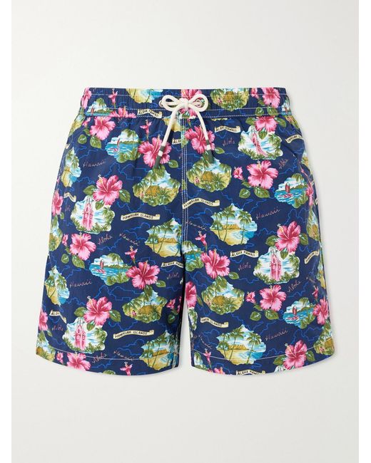 Hartford Blue Straight-Leg Mid-Length Printed Swim Shorts for men
