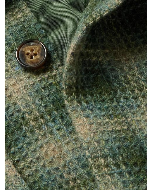 Portuguese Flannel Green Waffle-Knit Checked Wool Overshirt for men