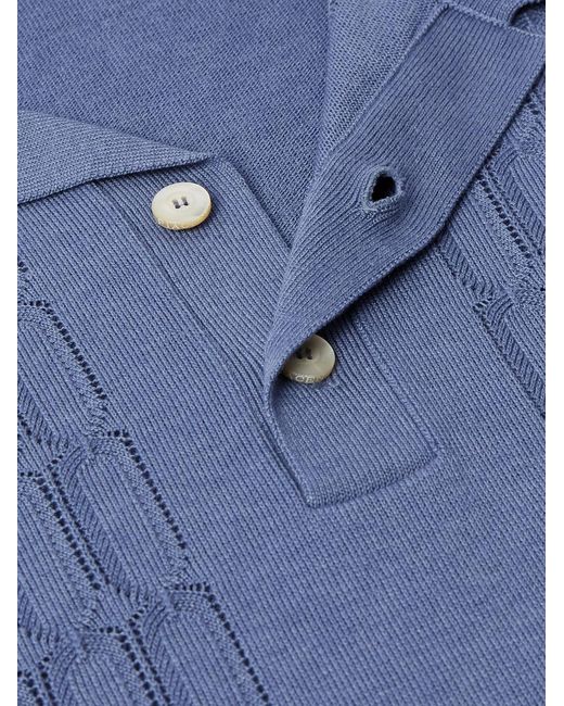 Piacenza 1733 Blue Slim-Fit Striped Pointelle-Knit Silk And Cotton-Blend Polo Shirt for men