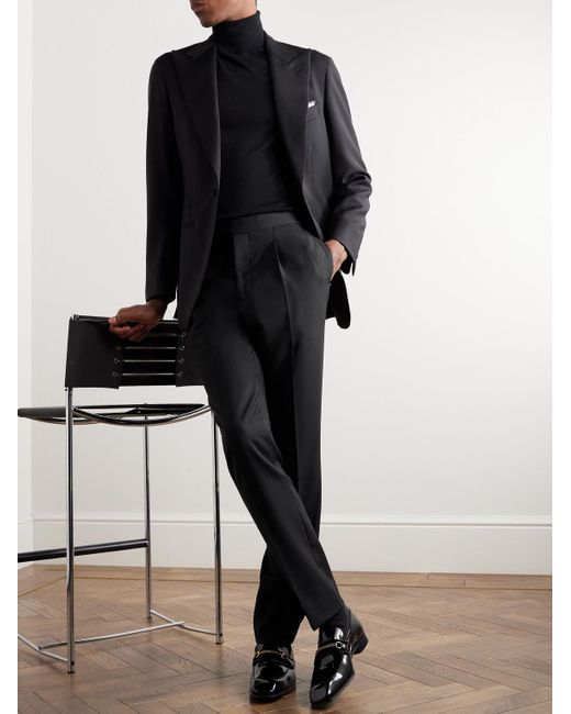 Saman Amel Blue Straight-leg Pleated Wool Tuxedo Trousers for men