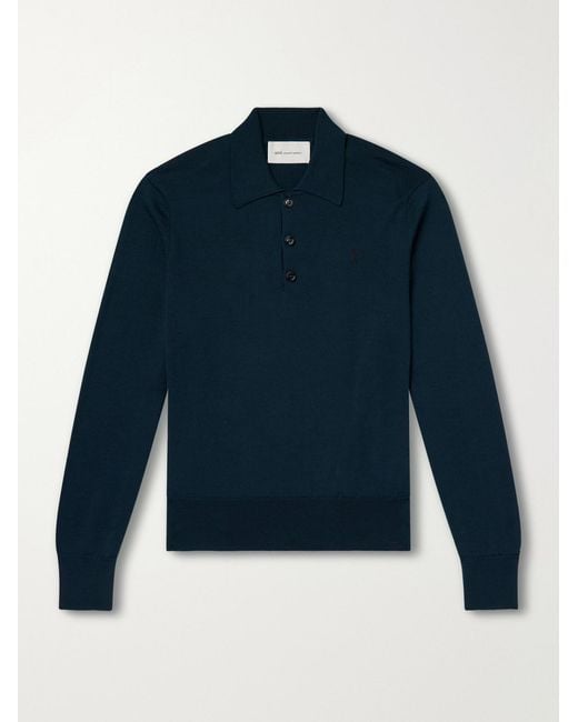 AMI Blue Merino Wool Polo Shirt for men