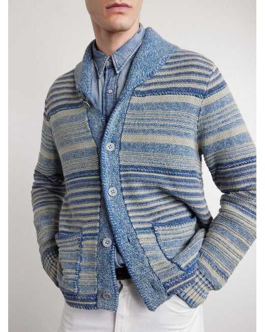 RRL Blue Shawl-Collar Striped Cotton And Linen-Blend Cardigan for men