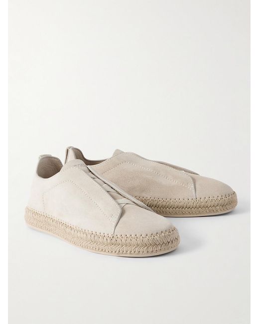 Zegna Natural Triple Stitch Leather-Trimmed Suede Slip-On Sneakers for men