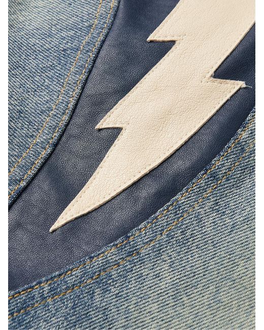 Rhude Blue Logo-appliquéd Leather-trimmed Padded Denim Varsity Jacket for men