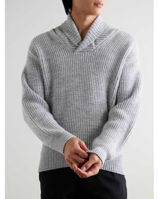 Kingsman Gray Shawl-Collar Ribbed Wool Sweater for men