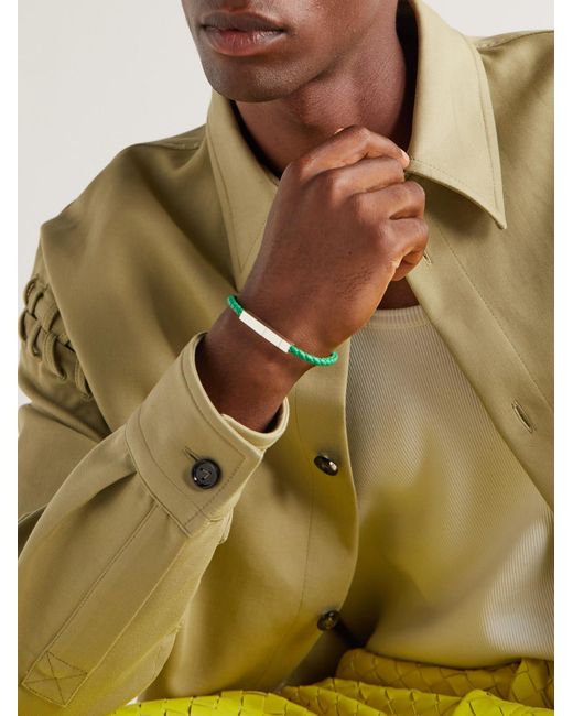 Bottega Veneta Green Braided Leather And Sterling Bracelet for men