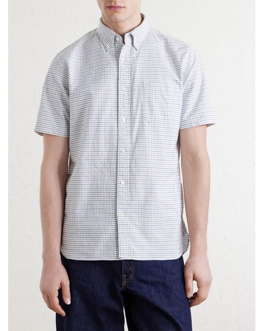 Beams Plus White Button-Down Collar Checked Cotton Shirt for men