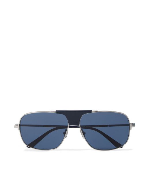Tom Ford Blue Tex Aviator-style Leather-trimmed Silver-tone Sunglasses for men