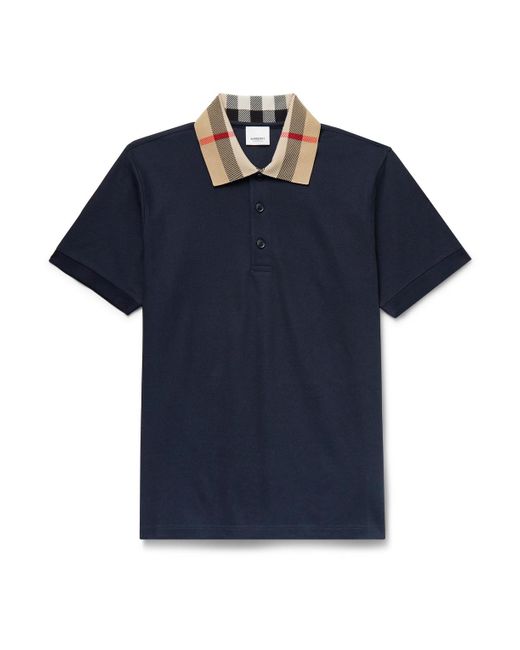 Burberry Blue Check-Trimmed Cotton-Piqué Polo Shirt for men
