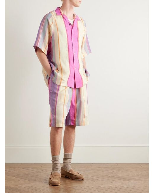 Kardo Pink Yusuke Convertible-collar Embroidered Striped Silk Shirt for men